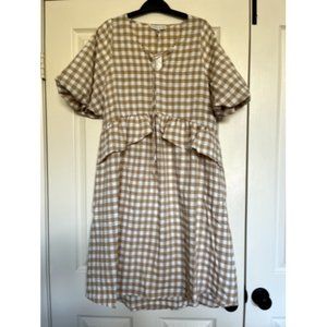 NWT Moon River Gingham Front Ties Puff Sleeves Midi Dress Natural Beige Sz M